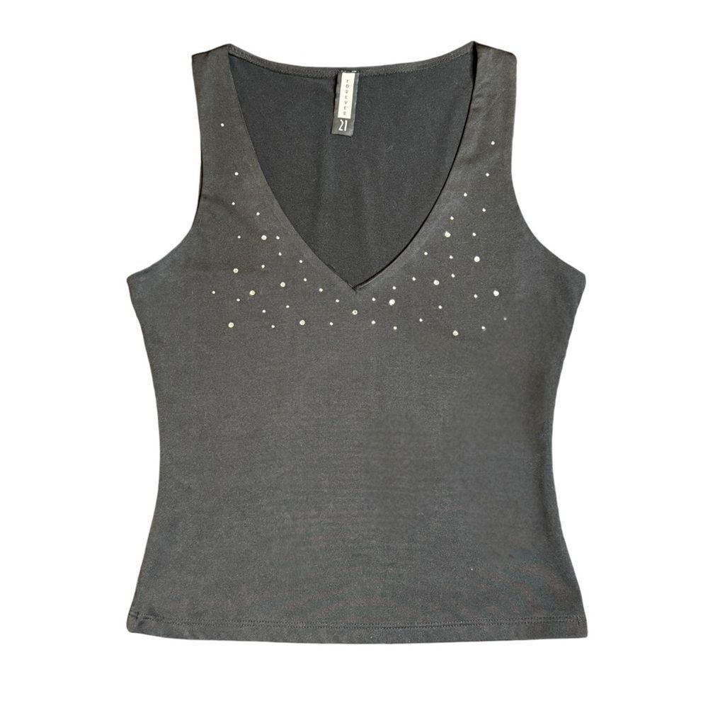 Y2K Forever 21 Black Rhinestone V Neckline Top Size Medium